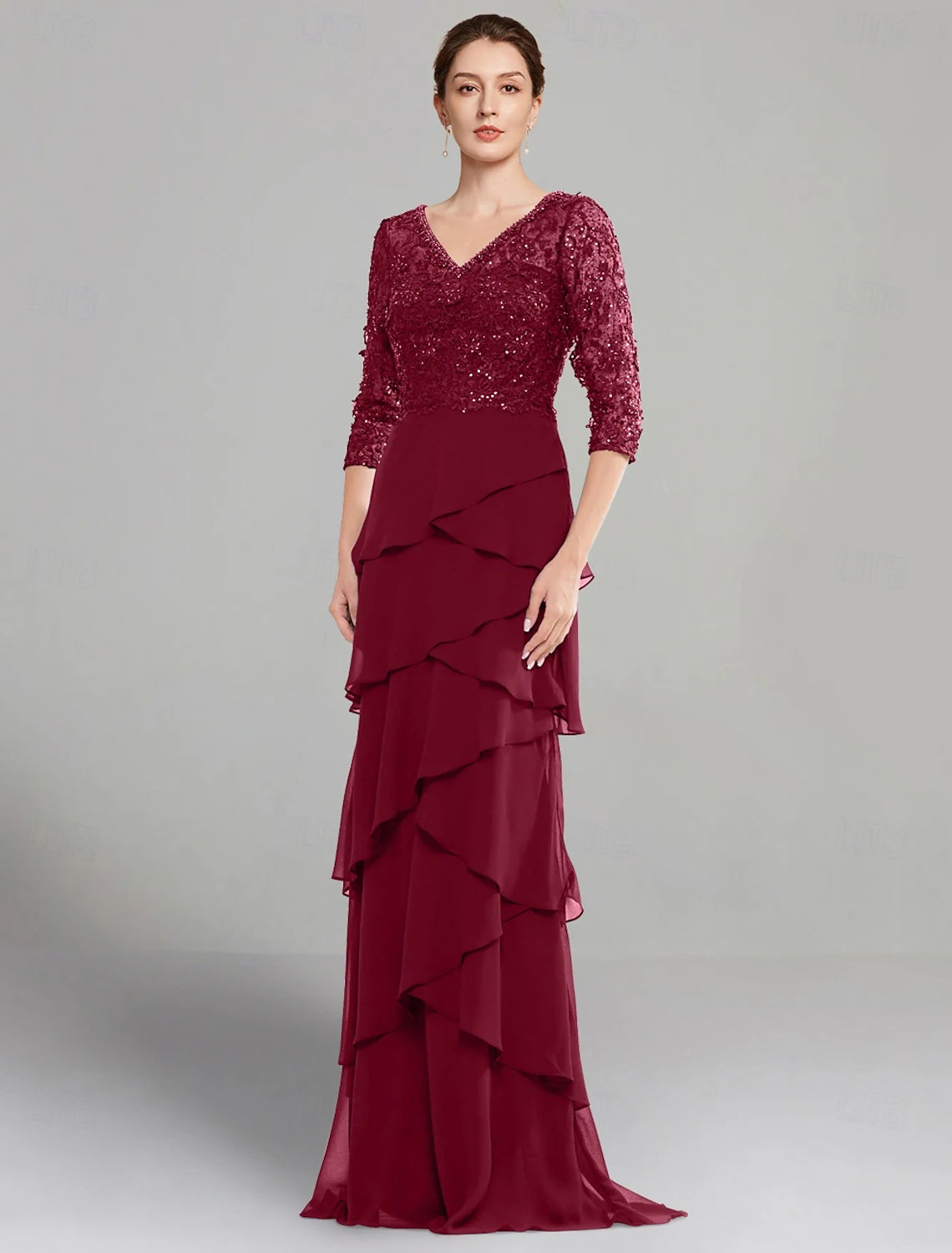 Buyishang Sheath Dress Mother of the Bride Dress Elegant V Neck Floor Length Stretch Chiffon Half Sleeve with Lace Tier Solid Color Christmas Dress